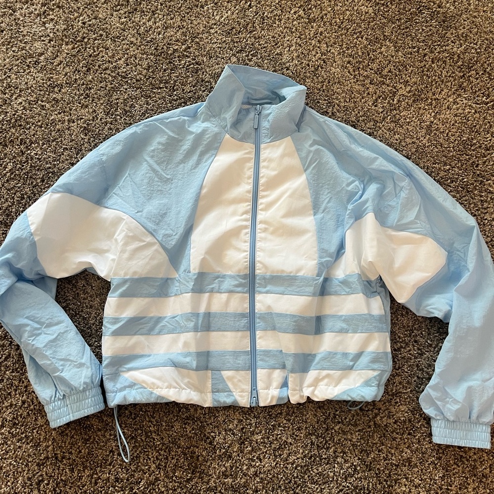 Adidas full zip jacket, rain protectant, baby blue and white